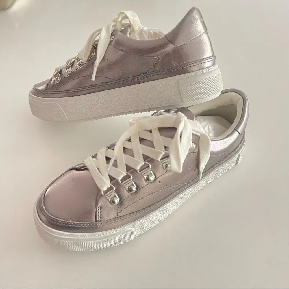 ALLSAINTS Womens Silver Metallic Quinn Round Toe Platform Leather Sneakers Shoes